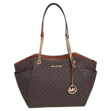 Pre Owned Michael Kors Brown Signature Coated Canvas Jet Set Travel Chain Tote