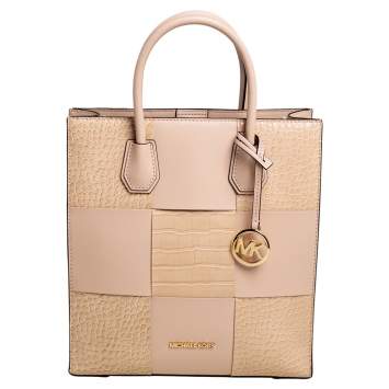 Pre Owned Michael Kors Two Tone Beige Croc Embossed and Leather NS Mercer Shopper Tote