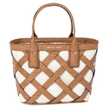 Pre Owned Michael Kors Beige/Tan Signature Canvas and Croc Embossed Leather Small Sienna Tote