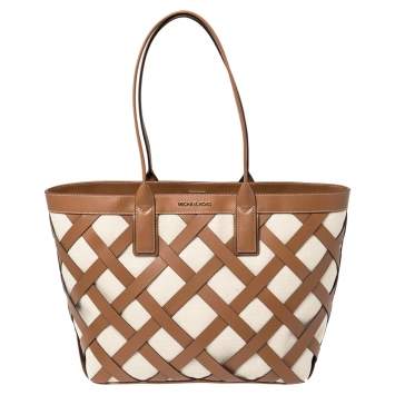 Pre Owned Michael Kors Beige/Tan Canvas and Leather Large Shopper Tote