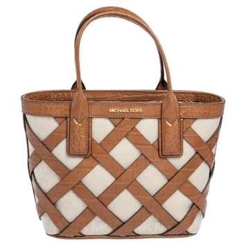 Pre Owned Michael Kors Brown/Ivory Croc Embossed Leather and Signature Canvas Sienna Tote