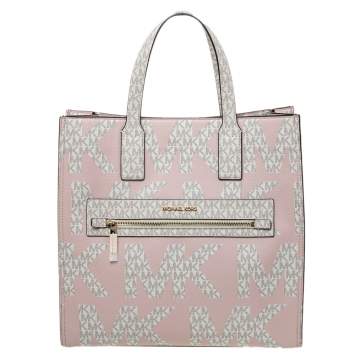 Pre Owned Michael Kors Blush Pink Graphic Signature Logo Coated Canvas Large Kenly Tote