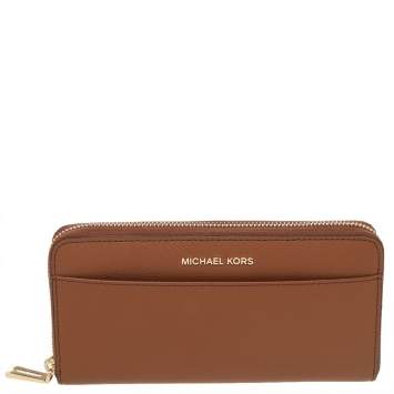 Pre Owned Michael Kors Brown Leather Jet Set Travel Zip Around Wallet
