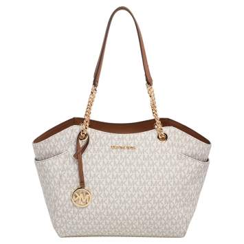 Pre Owned Michael Kors White Signature Coated Canvas Jet Set Travel Chain Tote