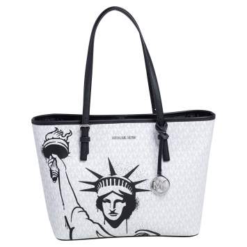 Pre Owned Michael Kors White/Black Coated Canvas Medium New York City Carryall Tote