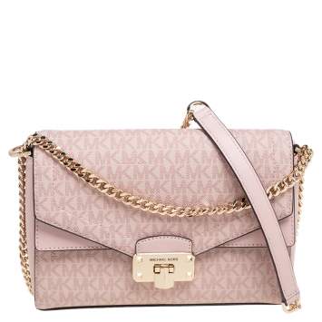 Pre Owned Michael Kors Pink Signature Coated Canvas and Leather Medium Kinsley Shoulder Bag