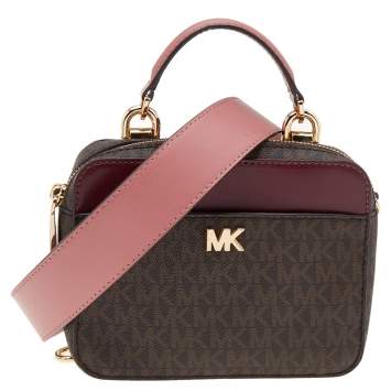 Pre Owned Michael Kors Brown/Burgundy Signature Canvas and Leather Mini Mott Crossbody Bag