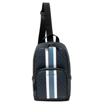 Pre Owned Michael Kors Blue/Black Signature Coated Canvas Cooper Commuter Sling Backpack 
