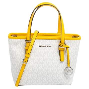 Pre Owned Michael Kors White/Yellow Jet Set Extrz Small Carryall Tote 