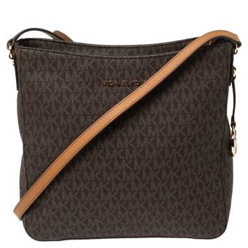 Pre Owned Michael Kors Brown Signature Coated Canvas and Leather Jet Set Messenger Bag