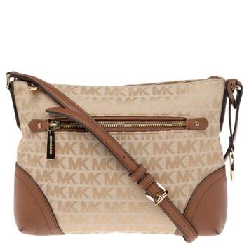 Pre Owned Michael Kors Beige/Brown Signature Canvas and Leather Shoulder Bag