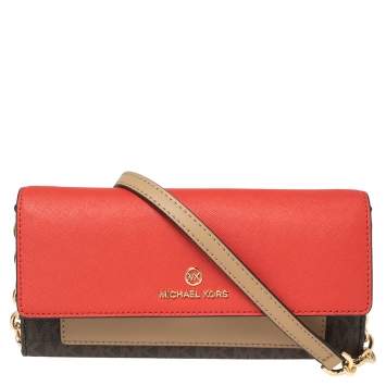 Pre Owned Michael Kors Multicolor Signature Coated Canvas and Leather Jet Set Charm Wallet on Chain