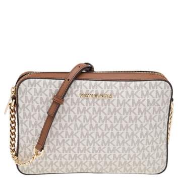 Pre Owned Michael Kors White/Brown Signature Coated Canvas and Leather Large Jet Set Crossbody Bag