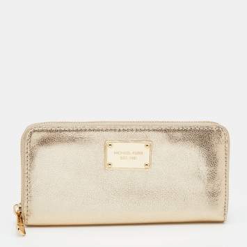 Pre Owned Michael Kors Gold Leather Jet Set Zip Around Wallet