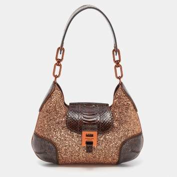 Pre Owned Michael Kors Collection Brown Glitter And Python Bancroft Hobo