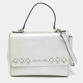 Pre Owned Michael Kors Silver Leather Small Ava Crystals Embellished Top Handle Bag
