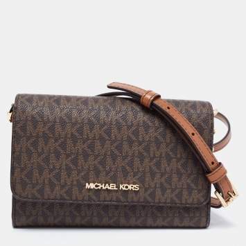 Pre Owned Michael Kors Brown Signature Coated Canvas and Leather Medium Multifunction Phone Crossbody Bag