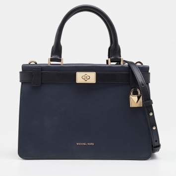 Pre Owned Michael Kors Navy Blue/Black Leather Small Tatiana Satchel
