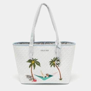 Pre Owned Michael Kors White/Blue Signature Coated Canvas Jet Set Girls Tote