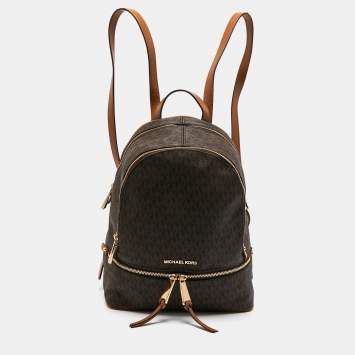 Pre Owned Michael Kors Brown Signature Coated Canvas And Leather Medium Rhea Backpack