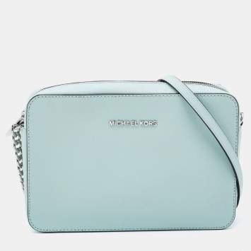Pre Owned Michael Kors Mint Green Leather Jet Set Camera Crossbody Bag