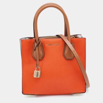 Pre Owned Michael Kors Orange/White Signature Coated Canvas and Leather Mini Mercer Tote