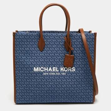 Pre Owned Michael Kors Blue/Brown Signature Denim and Leather Large Mirella Tote