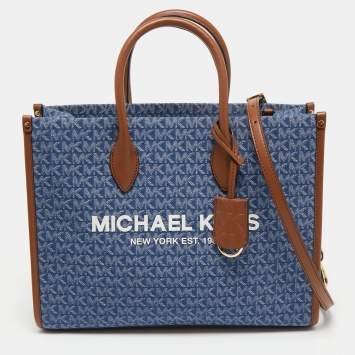 Pre Owned Michael Kors Blue/Brown Signature Denim and Leather Medium Mirella Tote