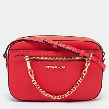 Pre Owned Michael Kors Coral Red Leather Large East West Zip Chain Crossbody Bag