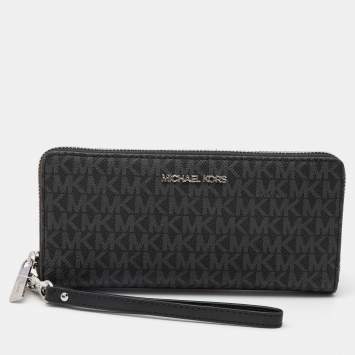 Pre Owned Michael Kors Grey/Black Signature Coated Canvas Zip Around Wristlet Wallet