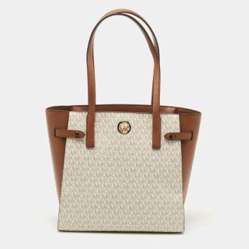 Pre Owned Michael Kors Vanilla/Tan Signature Coated Canvas and Leather Carmen Tote