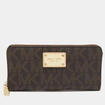 Pre Owned MICHAEL Michael Kors Brown Signature Coated Canvas Zip Around Wallet