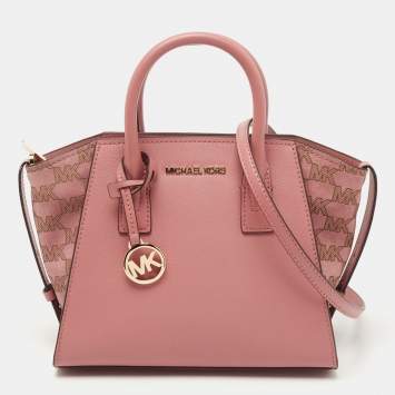 Pre Owned Michael Kors Pink Signature Leather and Suede Small Avril Satchel