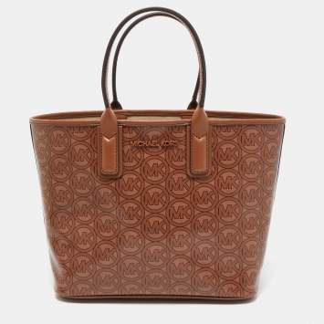 Pre Owned Michael Kors Brown Logo Jacquard Coated Canvas Small Jodie Tote