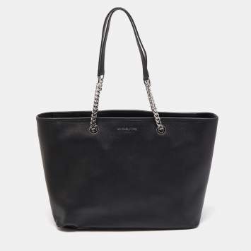 Pre Owned Michael Kors Black Leather Medium Jet Set Travel Chain Tote