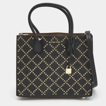 Pre Owned Michael Kors Black Leather Small Stud & Grommet Mercer Convertible Tote