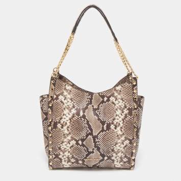 Pre Owned Michael Kors Beige Python Embossed Leather Medium Newbury Tote