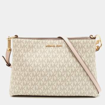 Pre Owned Michael Kors White/Pink Signature Coated Canvas and Leather Medium Trisha Crossbody Bag