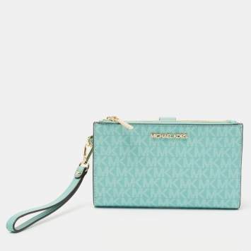 Pre Owned Michael Kors Aqua Blue Signature Coated Canvas Jet Set Travel Wristlet Wallet