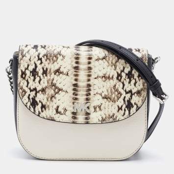 Pre Owned Michael Kors Cream/Black Leather and Python Effect Leather Half Dome Crossbody Bag 