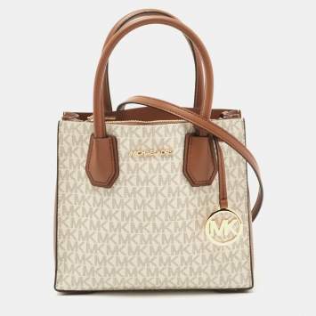 Pre Owned Michael Kors White/Brown Signature Coated Canvas and Leather Mini Mercer Tote