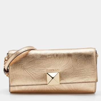 Pre Owned Michael Kors Gold Floral Embossed Leather Karla Clutch Bag