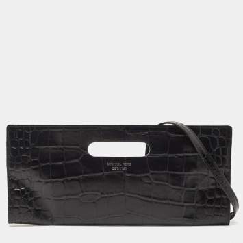Pre Owned Michael Kors Black Croc Embossed Leather Tilda Clutch