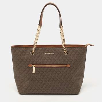 Pre Owned Michael Kors Brown Signature Coated Canvas and Leather Large Front Zip Chain Tote