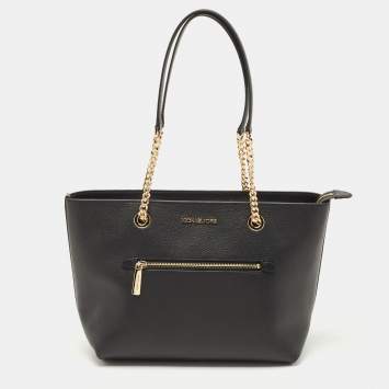 Pre Owned Michael Kors Black Leather Medium Front Zip Chain Tote