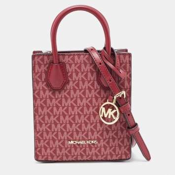 Pre Owned Michael Kors Burgundy Signature Coated Canvas and Leather XS Mercer Tote