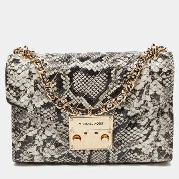 Pre Owned Michael Kors Black/White Python Embossed Leather Small Rose Crossbody Bag