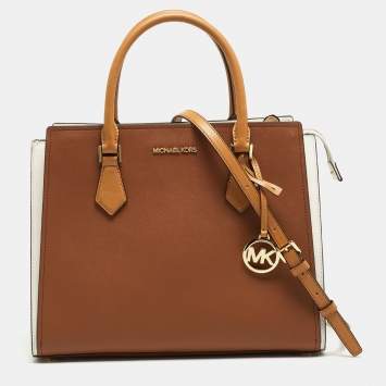 Pre Owned Michael Kors Brown/White Leather Large Hope Satchel