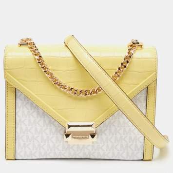 Pre Owned Michael Kors Yellow/White Coated Canvas and Croc Embossed Leather Large Whitney Shoulder Bag