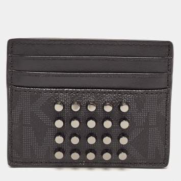 Pre Owned Michael Kors Black Signature Coated Canvas and Leather Studded Tall Card Case